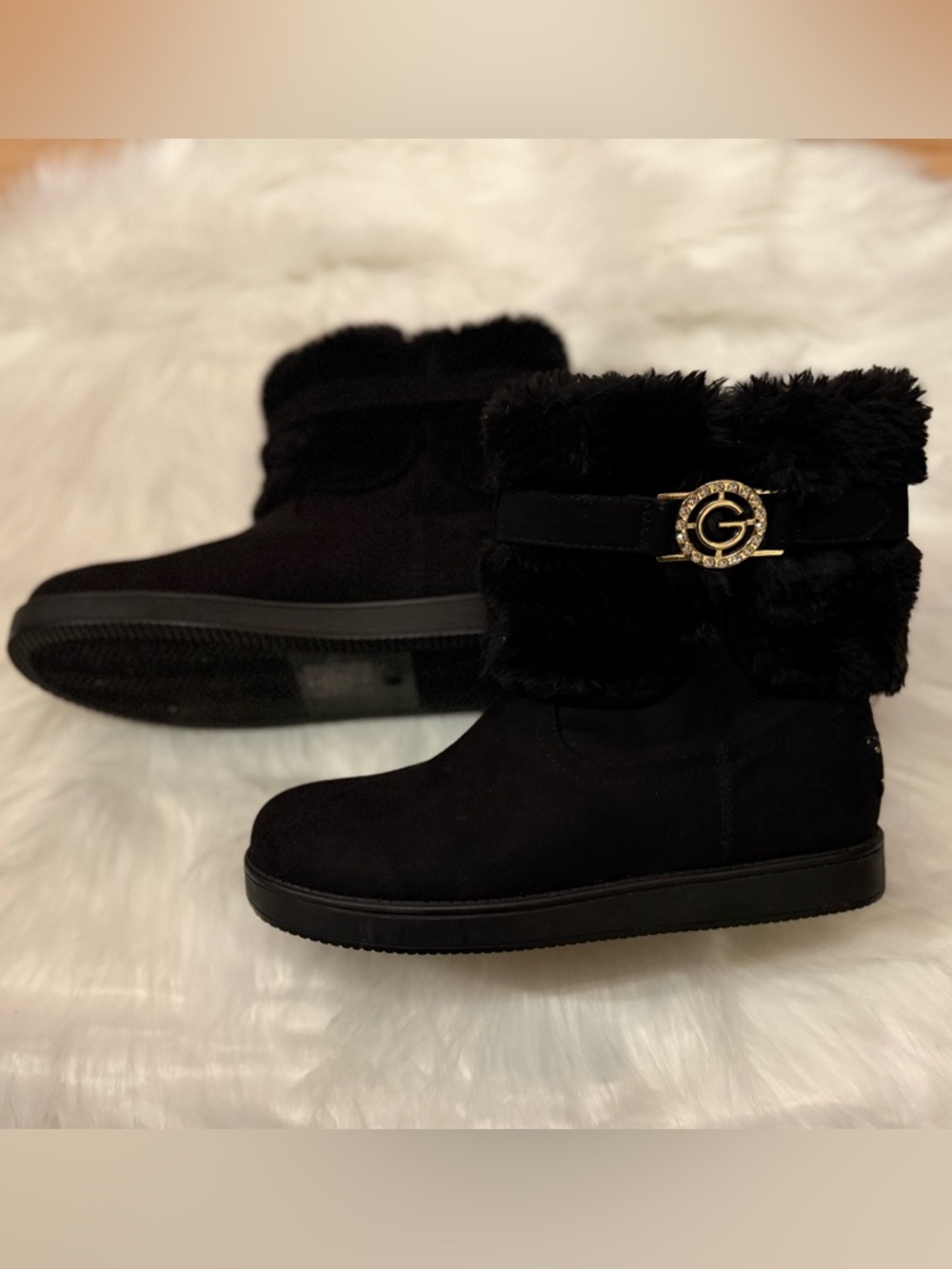 G by Guess Black Faux Fur Ankle Booties